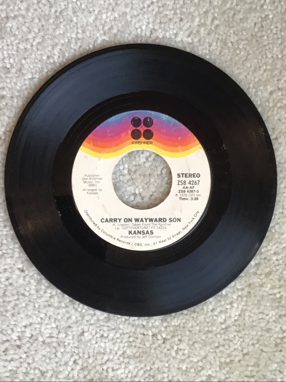 Vintage Kansas 7” Vinyl Record, Carry on My Wayward Son, 1976, Columbia Records